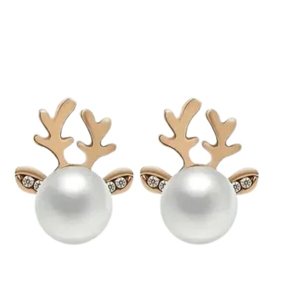 Festive Reindeer Pearl Stud Earrings Holiday Antler Design with Crystal Accents - Picture 1 of 3